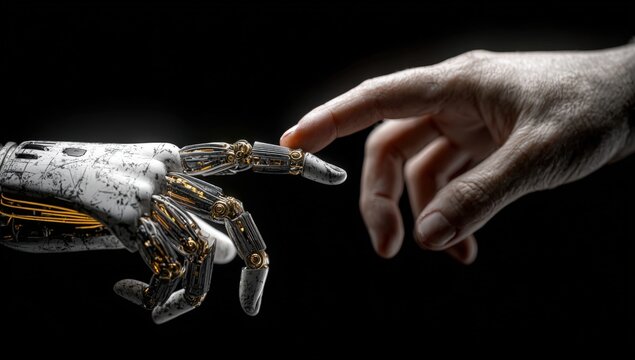 Robot hand reaching out to touch human hand in a close-up shot, showcasing intricate mechanical details and skin textures against a dark background