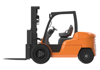 Orange forklift truck in profile view on a white background, ready for industrial use © changnam37