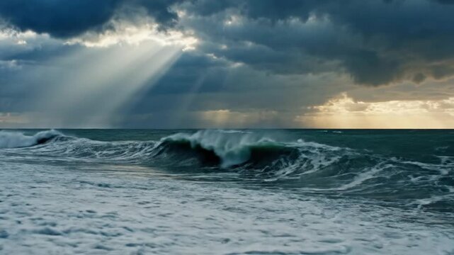 Stormy Sea Waves Sunlight.
