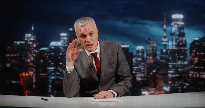 TV Presenter Moderates Heated Political Discussion, Addressing World Events and Escalating International Crises. Mans Expressive Communication Style Influences Audience Perception, Drives Engagement.