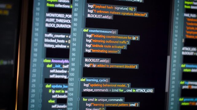 Close up computer monitors displaying fictional programming code and software development interface, technology workspace concept