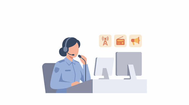 Female emergency dispatcher working at a computer station. EPS Editable. Vector Illustrations.
