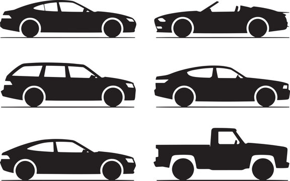 Set of six black car silhouettes including sedan convertible wagon coupe truck with station wagon black and white automobile convertible transport