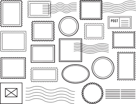 Collection of outline postage stamps and postmarks with perforation details envelope collection perforated postmark illustration abstract