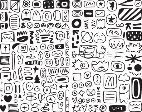Large collection of doodle icons and symbols in a hand-drawn black and white style with scribble art collection illustration abstract creative