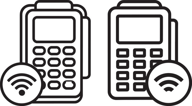 Black and white vector icons of contactless payment terminals with payment terminal pos machine nfc payment wireless payment point of sale