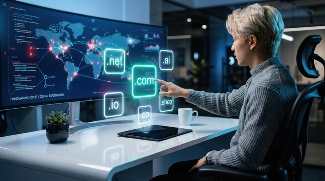Focused developer working on computer with domain extensions net com io floating in futuristic interface