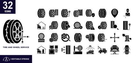Tire And Wheel Service Glyph Icon Set © okta