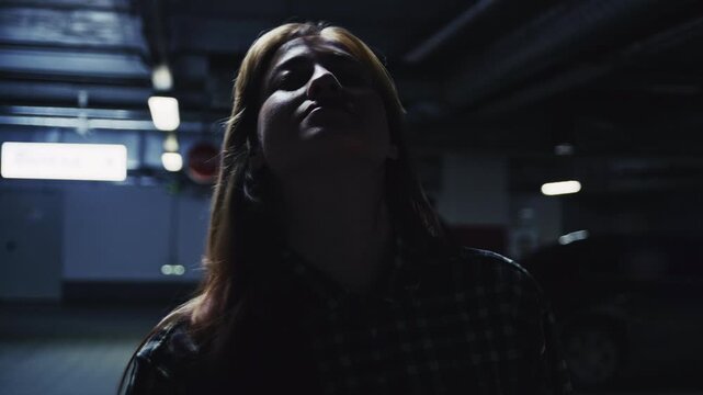 Joyful long-haired woman smiling and spinning around in an empty underground parking garage at night