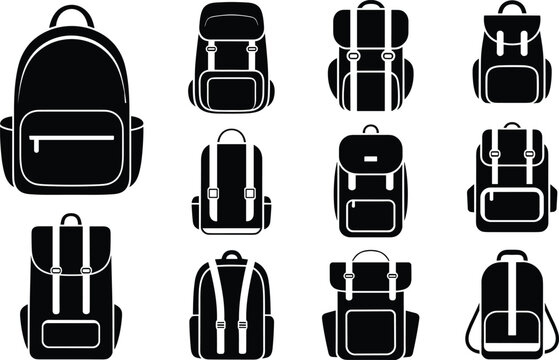 Backpack silhouettes collection featuring school bags, travel rucksacks, and hiking packs, detailed vector icon set isolated on white background for education, tourism, and outdoor design