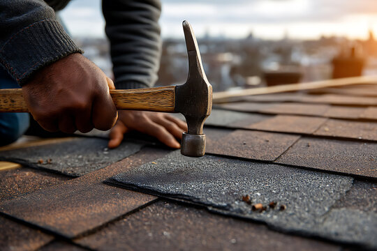 Fixing damaged roof shingles with hammer and nails in urban area at sunset Generative AI