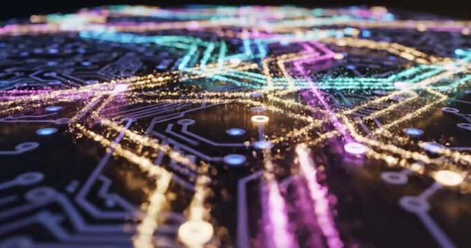 Colorful circuit board design with glowing lines and patterns, showcasing technology in action