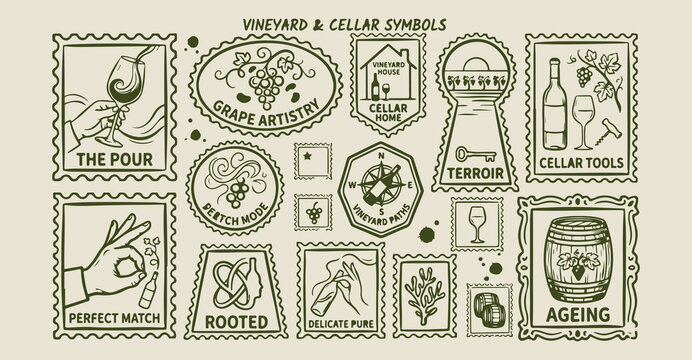 Vineyard and wine symbols stamps, hand drawn grape and bottle sketches, vintage winery and cellar icons, wine tasting graphic elements, hand drawn sommelier and grape symbols, rustic vineyard aestheti