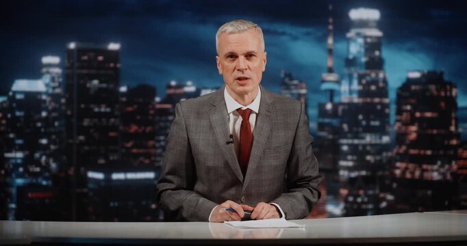 Professional Anchor Conducts Live Broadcast Focused on Global Instability and Diplomatic Confrontations. Persuasive Rhetoric and Analytical Commentary, Man Guides Viewers Complex International Issues.