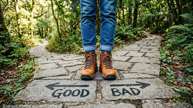 Hiker standing at a crossroads in a lush forest choosing between good and bad paths painted on stone pavement for decision making concept
