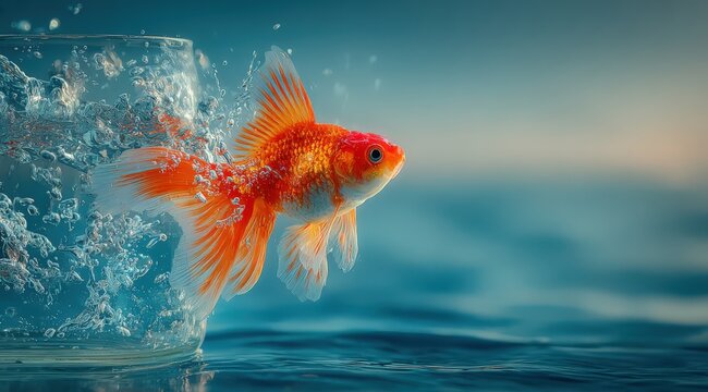 Goldfish jumping out of a glass bowl, creating splashes of water against a blurred blue background, showcasing vibrant orange scales and fins