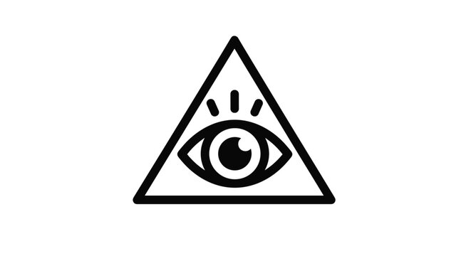 Black and white all-seeing eye of providence symbol enclosed in a triangle representing mystery, secret societies, and spiritual illumination.
