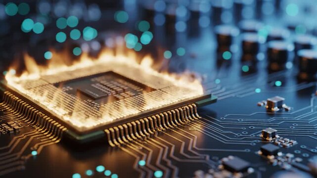 Computer Processor Overheating and Burning on Circuit Board.