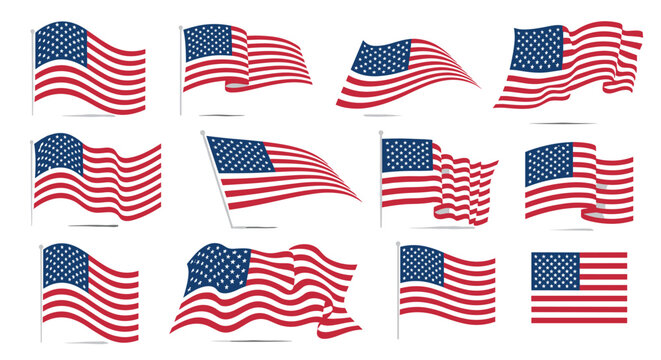Set of multiple United States flags shown in different waving and flat positions representing American patriotism and pride.