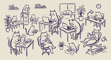 Funny cats working in office doodles, hand drawn professional feline characters, whimsical cats with laptops graphics, cute animal office life sketches, creative business cat illustrations, humorous p © Geetaroy