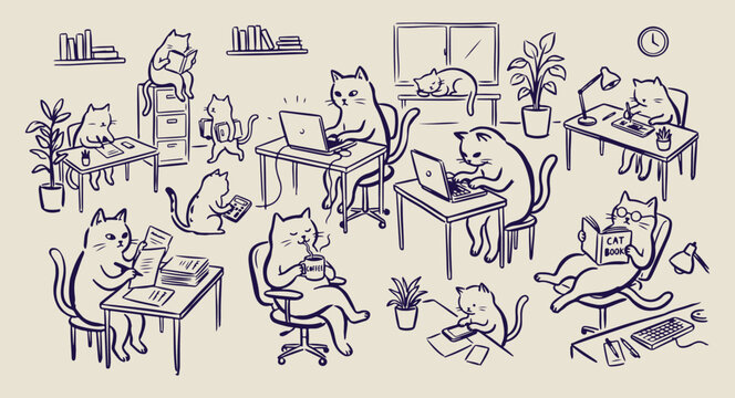Funny cats working in office doodles, hand drawn professional feline characters, whimsical cats with laptops graphics, cute animal office life sketches, creative business cat illustrations, humorous p