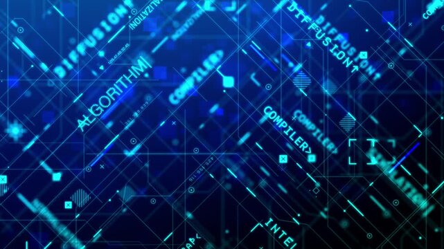 Abstract AI and big data interface with digital lines, system elements and data processing visualization, futuristic technology and information network concept