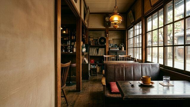 Retro Japanese cafe interior with wooden furniture and warm lighting, nostalgic atmosphere with copy space