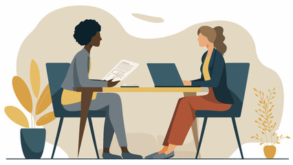 Fototapeta premium Two professional women engaged in a productive business meeting, discussing strategies or conducting an important job interview in a modern office setting, fostering collaboration and career growth