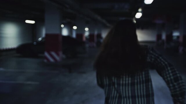 A long-haired woman laughs and twirls alone in an empty nighttime parking garage, illuminated by artificial ceiling lights. 