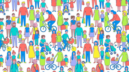 Obraz premium A vibrant, diverse crowd in a colorful urban scene, featuring people, wheelchairs, and bicycles