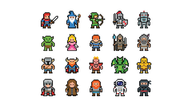Sixteen colorful pixel-art character sprites featuring knights, pirates, robots, aliens, wizards, princesses and other heroes for retro-style games and iconography.