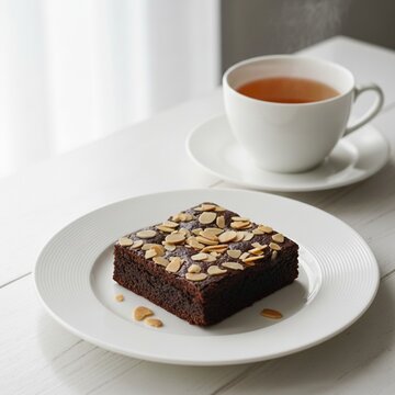 Delicious chocolate brownie topped with sliced almonds served with a cup of hot tea. Sweet dessert snack on a white wooden table with soft lighting.