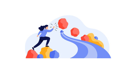 Obraz premium A woman overcoming obstacles and challenges on her path to success. EPS Editable. Vector Illustrations.