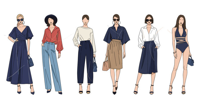 Showcase of six different fashion styles worn by women including dresses trousers skirts and beachwear in a stylish lineup.