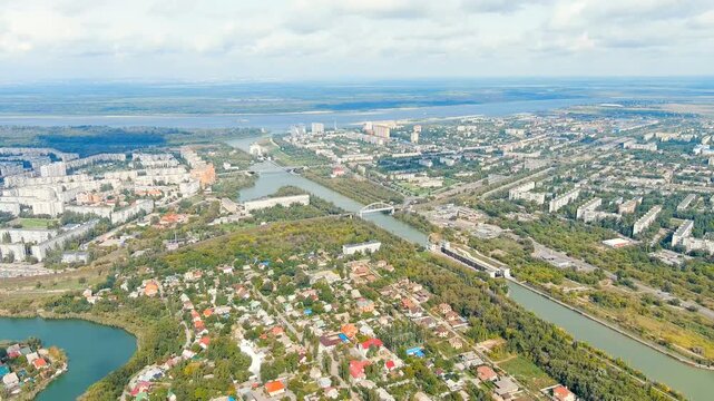 Volgograd, Russia. Krasnoarmeisky district. Volga-Don Canal. Drone footage