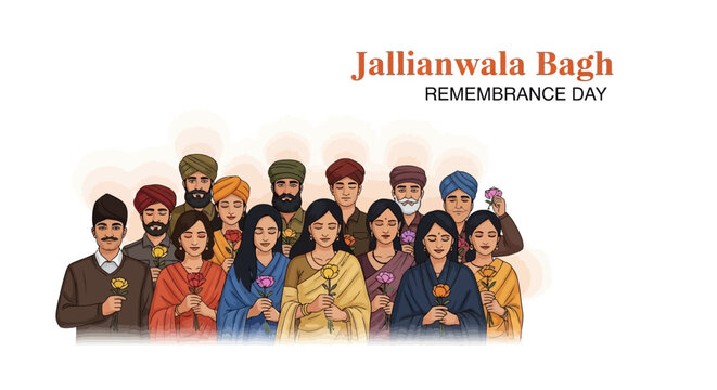 In a digitally painted illustration, a group of Indian people stand together holding flowers, paying tribute on Jallianwala Bagh Remembrance Day against a clean white background, honoring