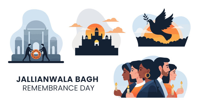 A digital illustration set commemorates Jallianwala Bagh Remembrance Day, featuring images of the memorial, silhouettes of historical architecture, a dove carrying an olive branch