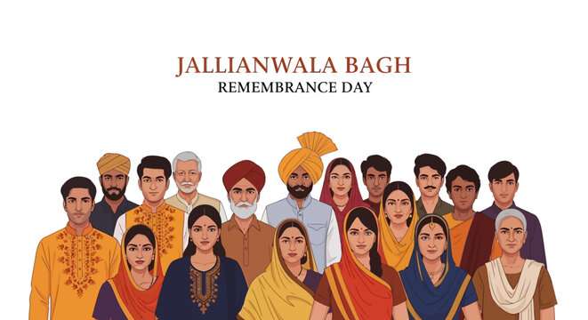 A diverse crowd gathers in a vector illustration for Jallianwala Bagh Remembrance Day, depicting Indian people in traditional clothing against a clean white background, rendered