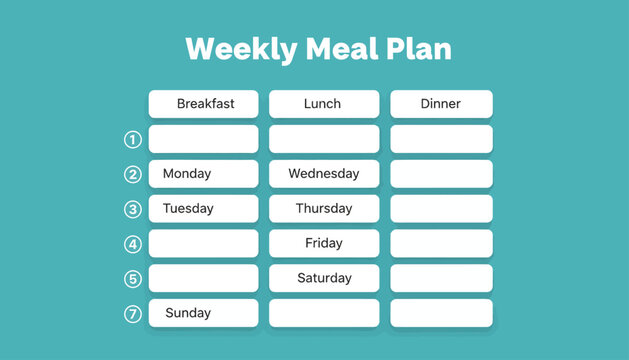 A blank weekly meal plan template on a teal background with white text and boxes for breakfast, lunch, and dinner from Monday to Sunday