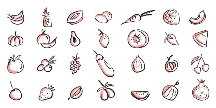 Vitamin rich fruit Doodle collection drawn with Crayon for summer nutrition concepts.