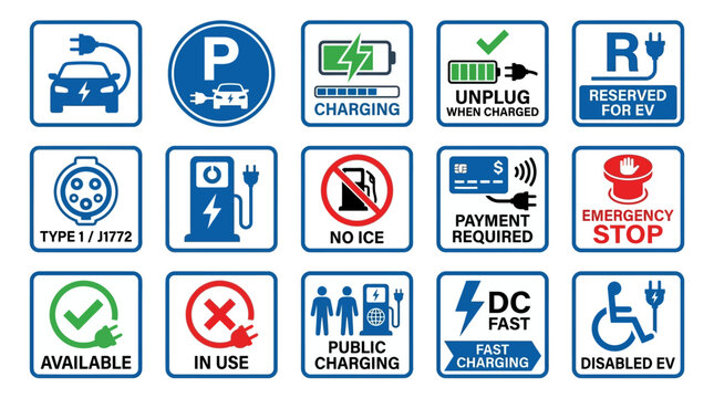 Set of Electric Vehicle Charging Station Signage and Icons. EPS Editable. Vector Illustrations.