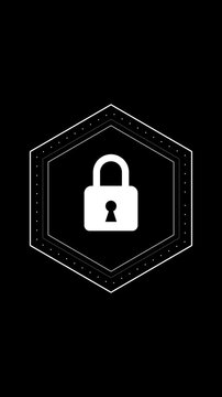 Minimal lock icon inside hexagon frame on black background. Clean cybersecurity concept for data protection vertical video overlay template