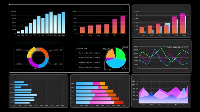 Colorful modern business data charts including bar, pie, line, and area graphs display analytics and performance trends, illustrating financial insights and clear visualization for professional presen
