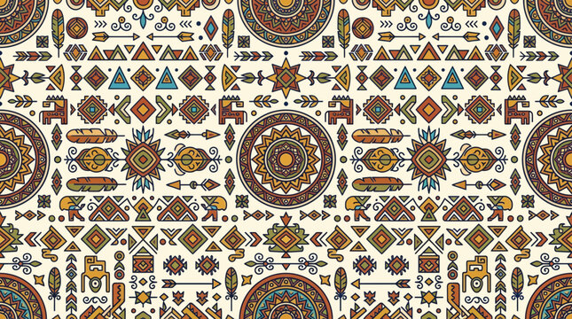 Intricate geometric mosaic tile pattern with circular medallions in earthy, warm tones.