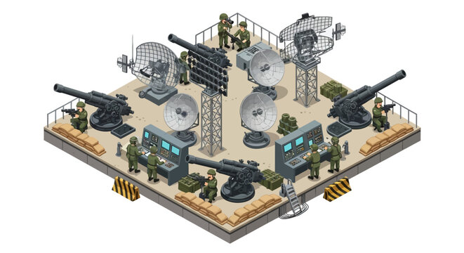 Isometric 3D illustration presents a military headquarters, complete with radar installations, gun emplacements, and personnel at control panels, set against a neutral backdrop