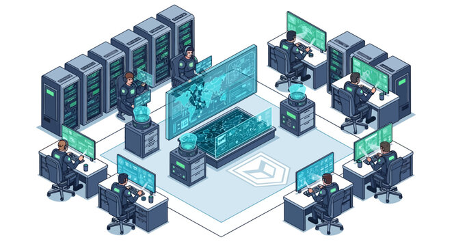 Isometric illustration depicts a military headquarters, complete with personnel at workstations monitoring digital displays, servers lining the back wall, and a central planning table