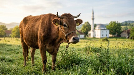 Fototapeta premium Cow Grazing in Meadow with Mosque Minaret in Background