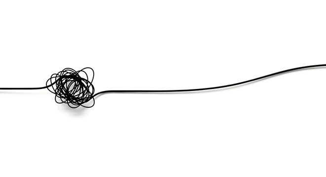 Abstract black thread tangled in a complex knot, symbolizing chaos and confusion, transitioning into a smooth, straight line representing order and clarity on a white background, a 3D render
