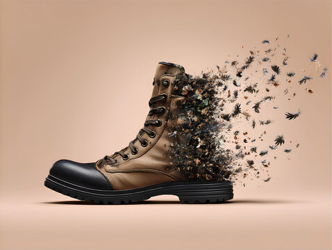One muddy bootprint on a smooth surface. The toe half intact, heel dissolving into fine data particles trailing into the soft horizon.