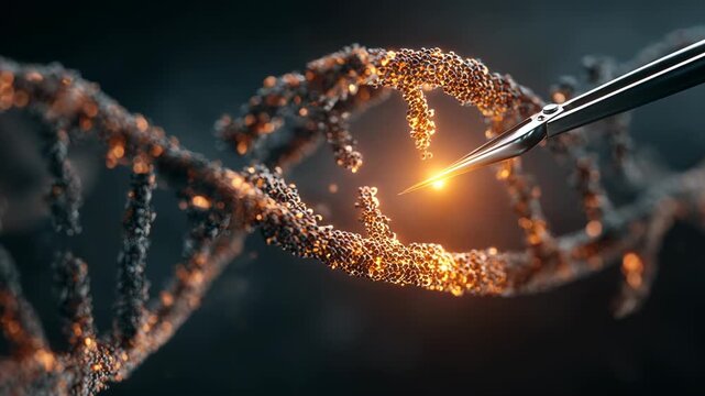 DNA gene editing genome genetic engineering biotechnology molecular biology close up glowing DNA helix cut site with tweezers tool research lab